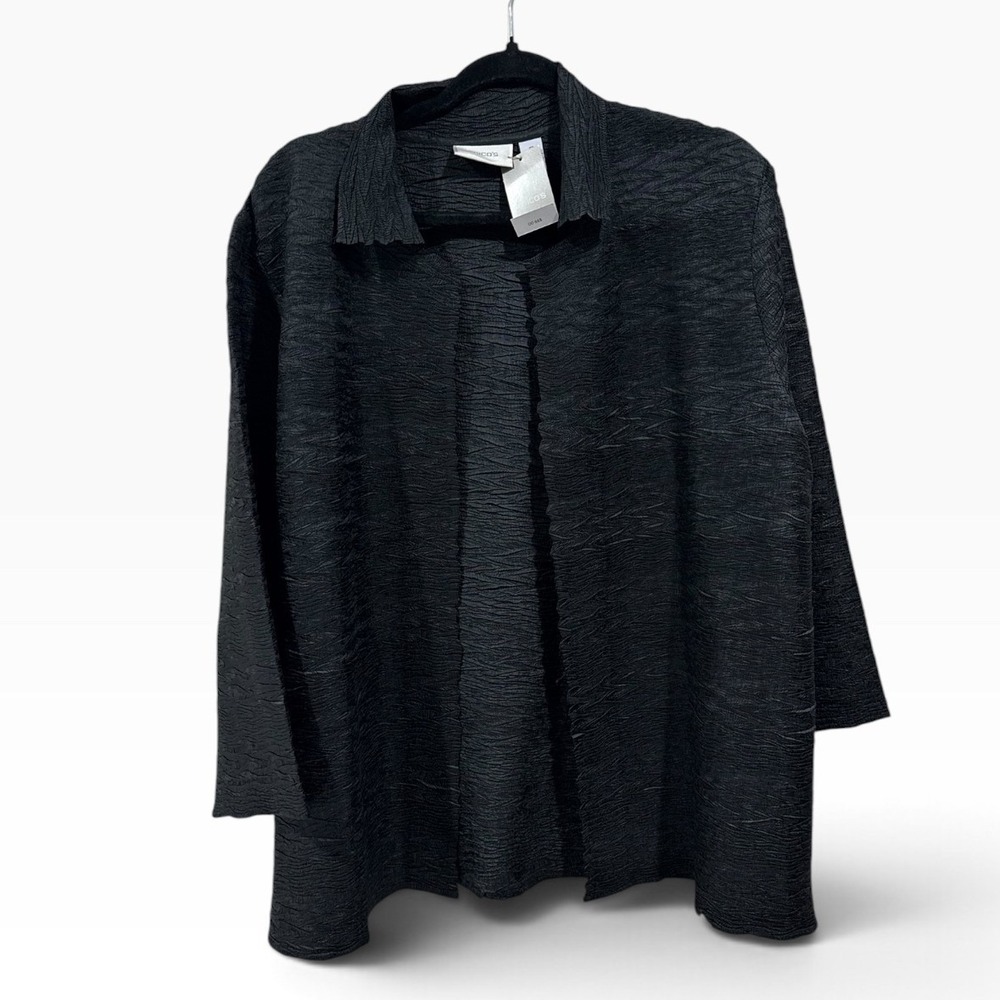 Chicos Womens Size 3 Black Textured Open Front Jacket 3/4 Sleeve Lightweight